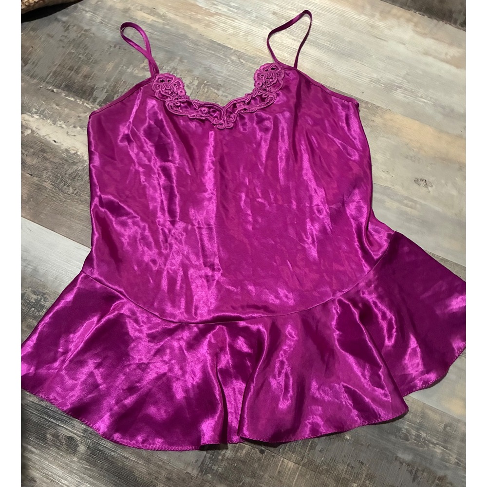 California Dynasty Vintage Magenta Purple Satin Lace Trim Peplum Camisole Top